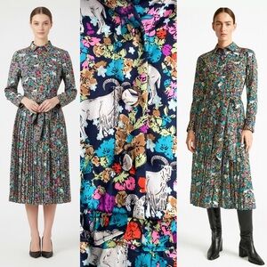 Grazing Goat Pleated Floral Midi Dress Collar Long Sleeve Animal Artsy Novelty 2